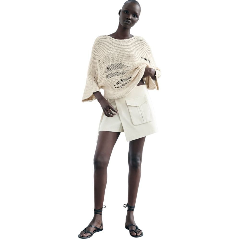Zara Oversized Open Knit Ecru Sweater Cream Natural Size Small Long Sleeve